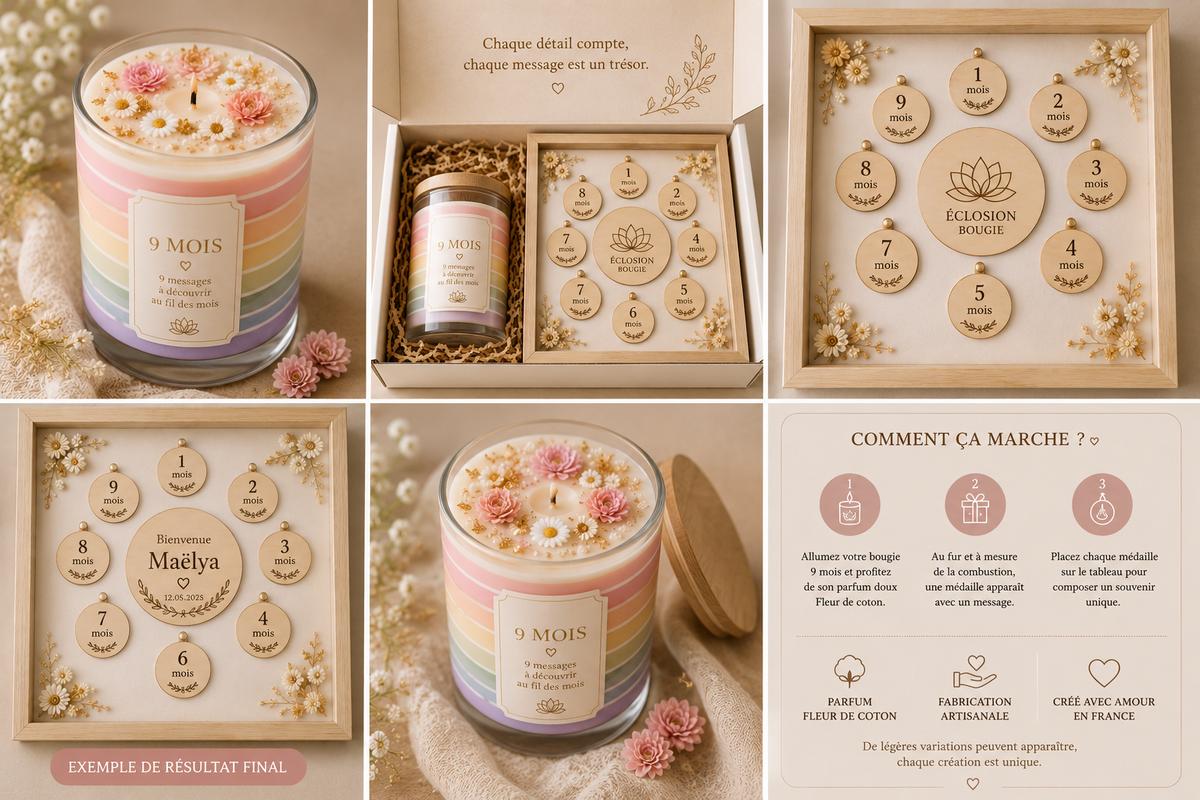 Coffret 2 – Bougie 9 mois & Tableau souvenir